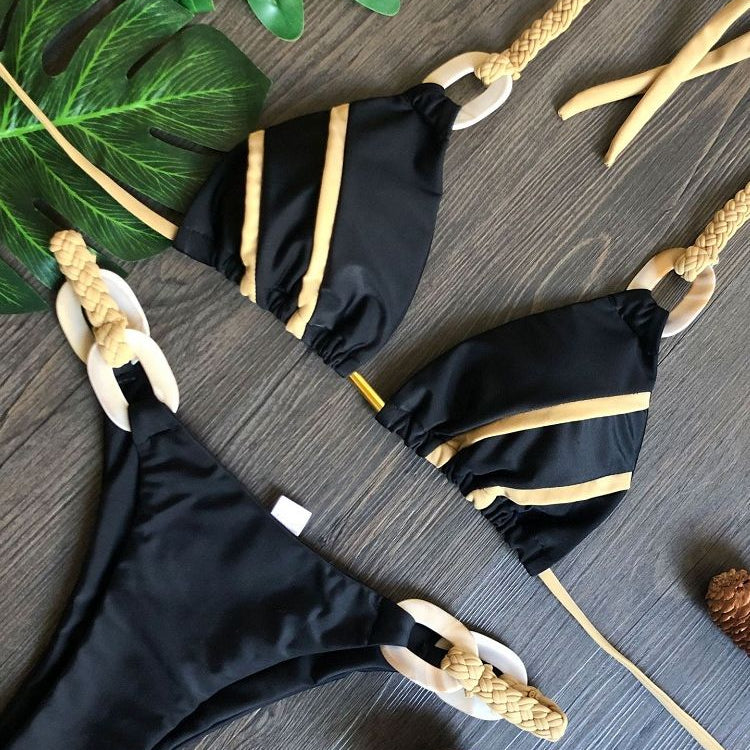 Black Bandeau Bikini Set Swimwear Women Push Up - Biquini Sexy Thong Bikinis Patchwork Swimsuit Backless Bathingsuit