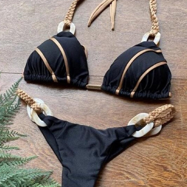 Black Bandeau Bikini Set Swimwear Women Push Up - Biquini Sexy Thong Bikinis Patchwork Swimsuit Backless Bathingsuit Black