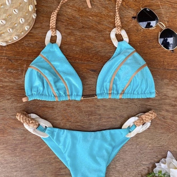 Black Bandeau Bikini Set Swimwear Women Push Up - Biquini Sexy Thong Bikinis Patchwork Swimsuit Backless Bathingsuit Sky blue