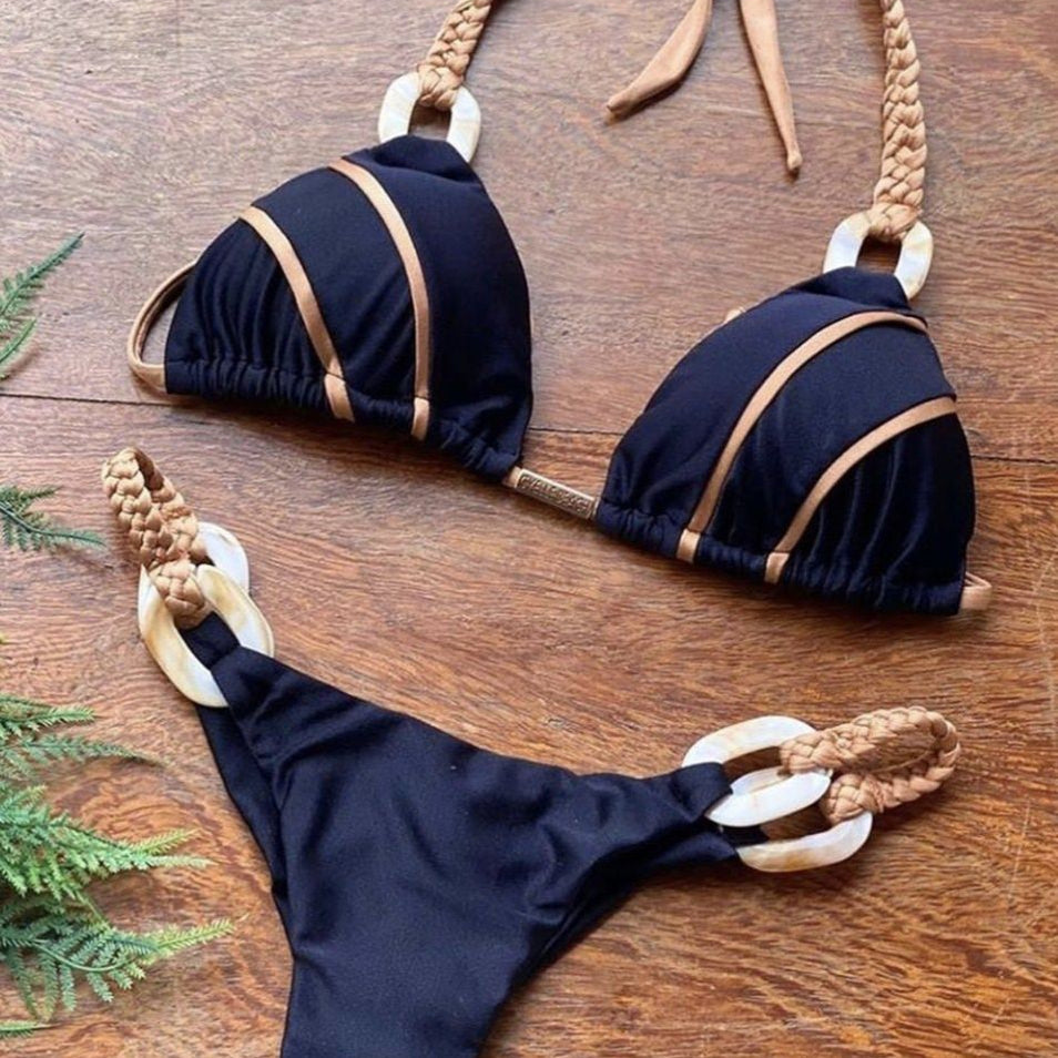 Black Bandeau Bikini Set Swimwear Women Push Up - Biquini Sexy Thong Bikinis Patchwork Swimsuit Backless Bathingsuit