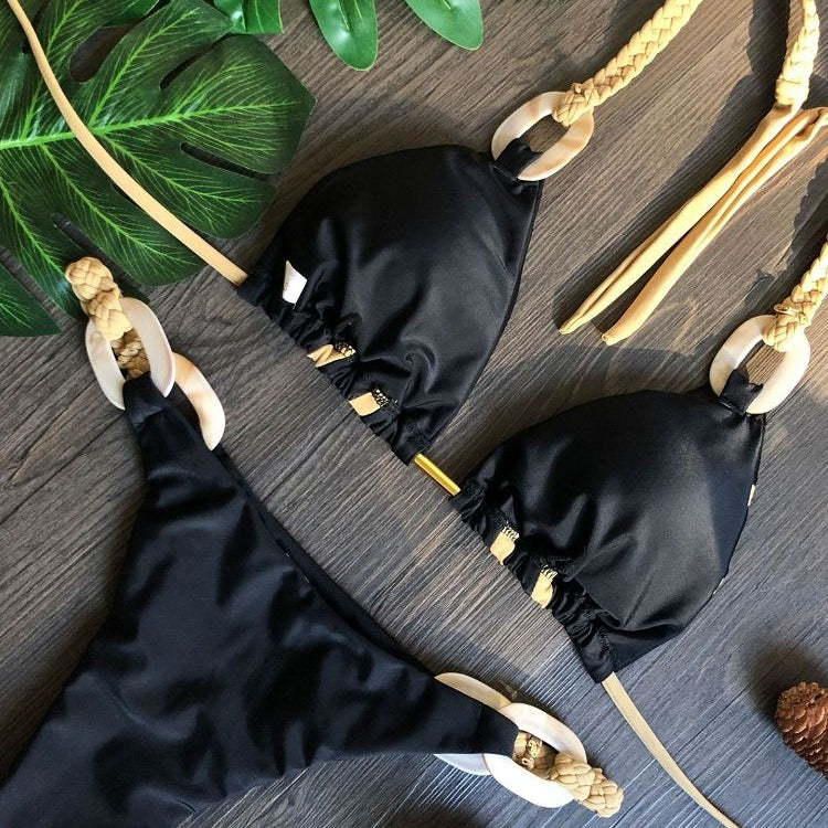 Black Bandeau Bikini Set Swimwear Women Push Up - Biquini Sexy Thong Bikinis Patchwork Swimsuit Backless Bathingsuit