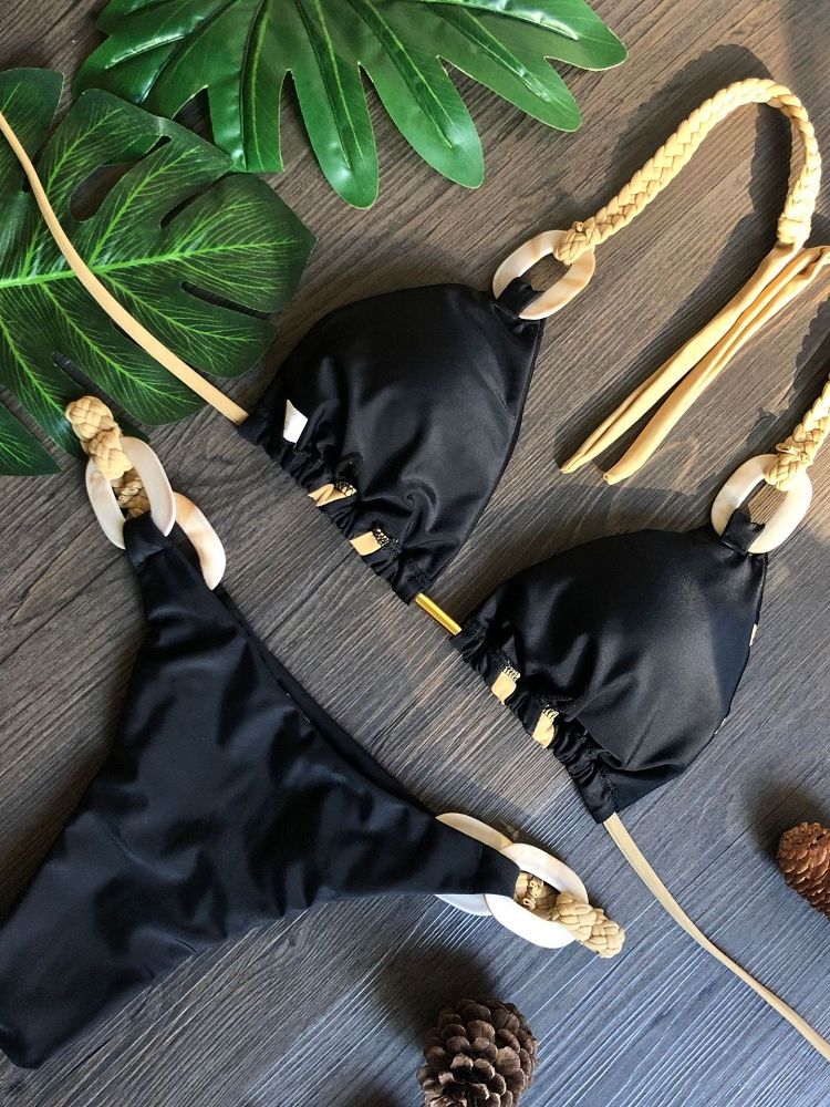 Black Bandeau Bikini Set Swimwear Women Push Up - Biquini Sexy Thong Bikinis Patchwork Swimsuit Backless Bathingsuit