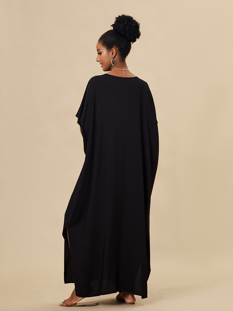 Black Caftan Dress for Women Loose Gold Embroider Swimsuit Cover Up Robel Boho Maxi Dress Pareos Tunic for Beach Beachwear