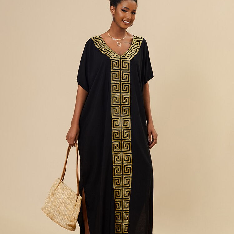 Black Caftan Dress for Women Loose Gold Embroider Swimsuit Cover Up Robel Boho Maxi Dress Pareos Tunic for Beach Beachwear