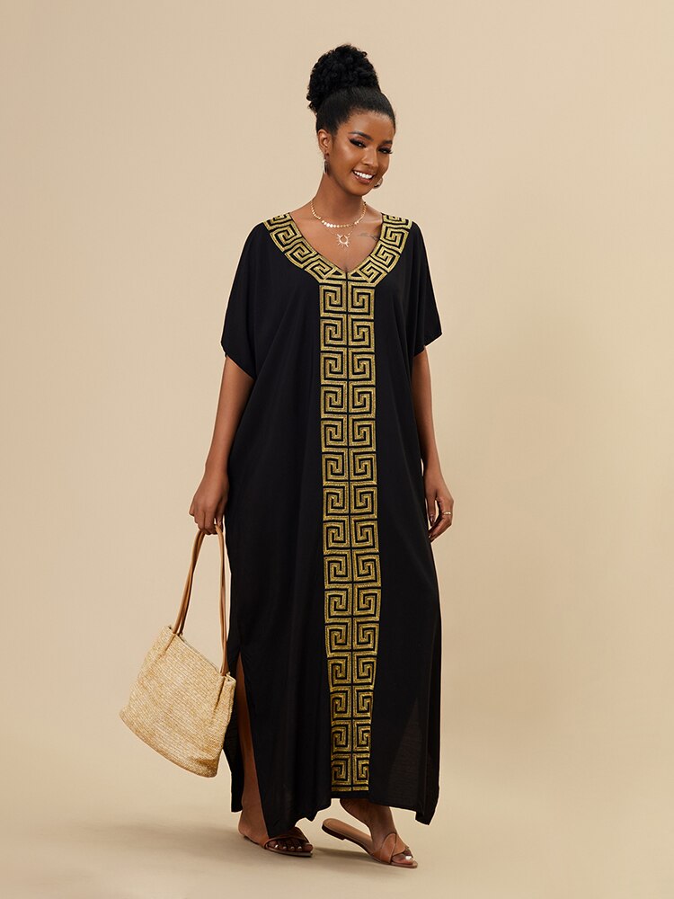 Black Caftan Dress for Women Loose Gold Embroider Swimsuit Cover Up Robel Boho Maxi Dress Pareos Tunic for Beach Beachwear