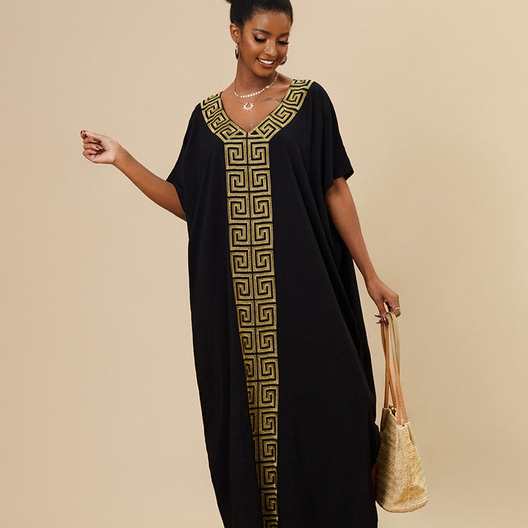 Black Caftan Dress for Women Loose Gold Embroider Swimsuit Cover Up Robel Boho Maxi Dress Pareos Tunic for Beach Beachwear