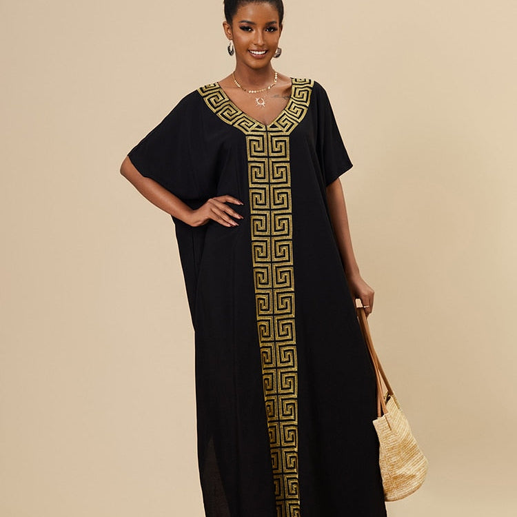 Black Caftan Dress for Women Loose Gold Embroider Swimsuit Cover Up Robel Boho Maxi Dress Pareos Tunic for Beach Beachwear