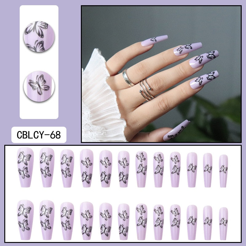 Black Comic Hand Drawn Pattern Wearable Nail Art Glossy Purple Long Ballet Detachable Finished False Nails Press on Nails MT818CBLCY68