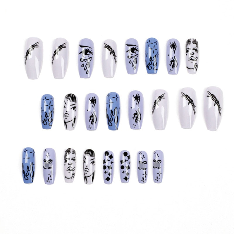 Black Comic Hand Drawn Pattern Wearable Nail Art Glossy Purple Long Ballet Detachable Finished False Nails Press on Nails