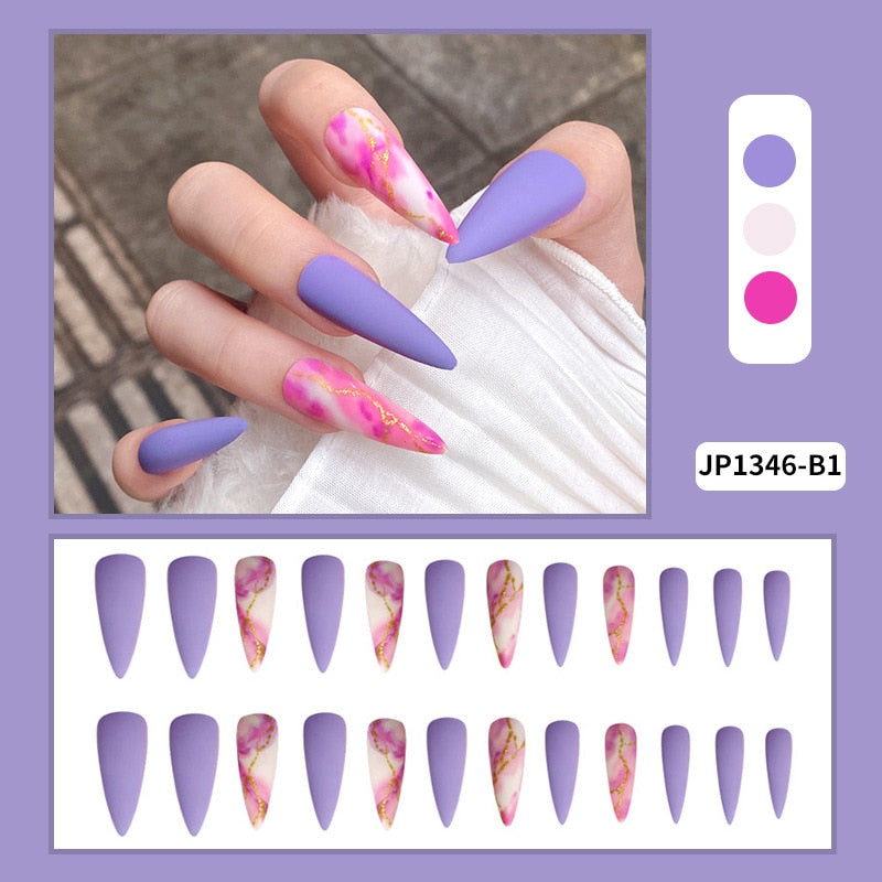 Black Comic Hand Drawn Pattern Wearable Nail Art Glossy Purple Long Ballet Detachable Finished False Nails Press on Nails MT585JP1346B1