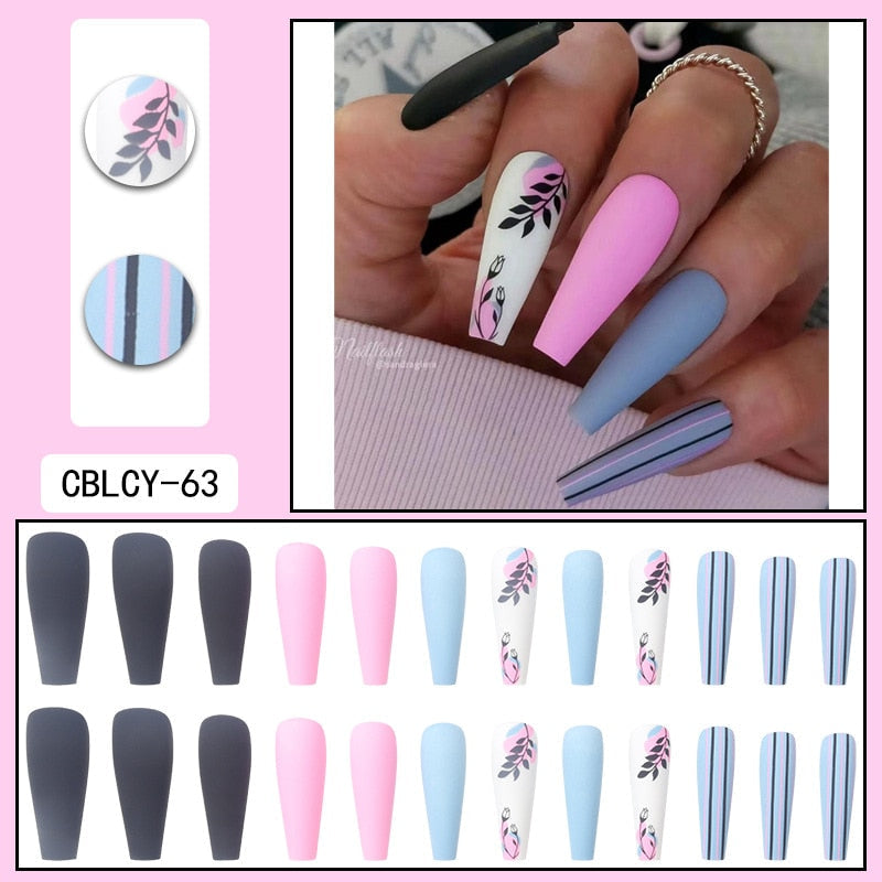 Black Comic Hand Drawn Pattern Wearable Nail Art Glossy Purple Long Ballet Detachable Finished False Nails Press on Nails MT804CBLCY63