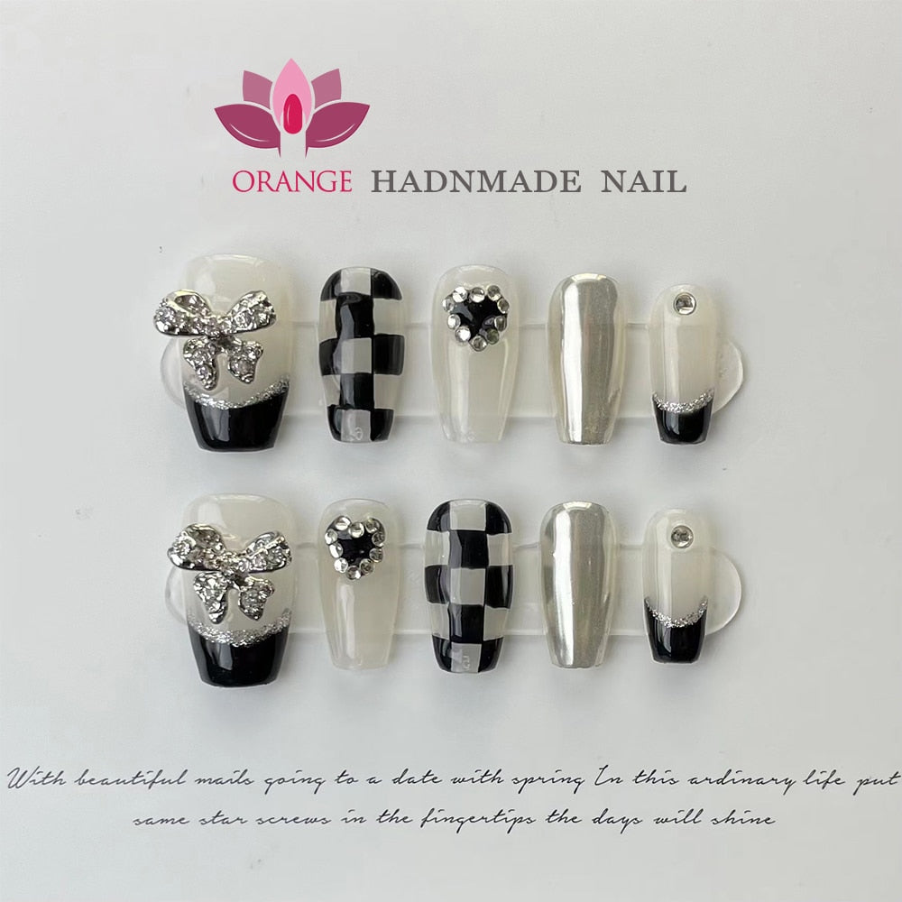 Black Fake Press on Nails Full Cover Ballerina Korean Handmade Manicuree Heart Decoration Nail Art Wearable Artificial Nail Tips