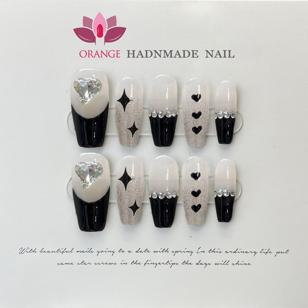 Black Fake Press on Nails Full Cover Ballerina Korean Handmade Manicuree Heart Decoration Nail Art Wearable Artificial Nail Tips