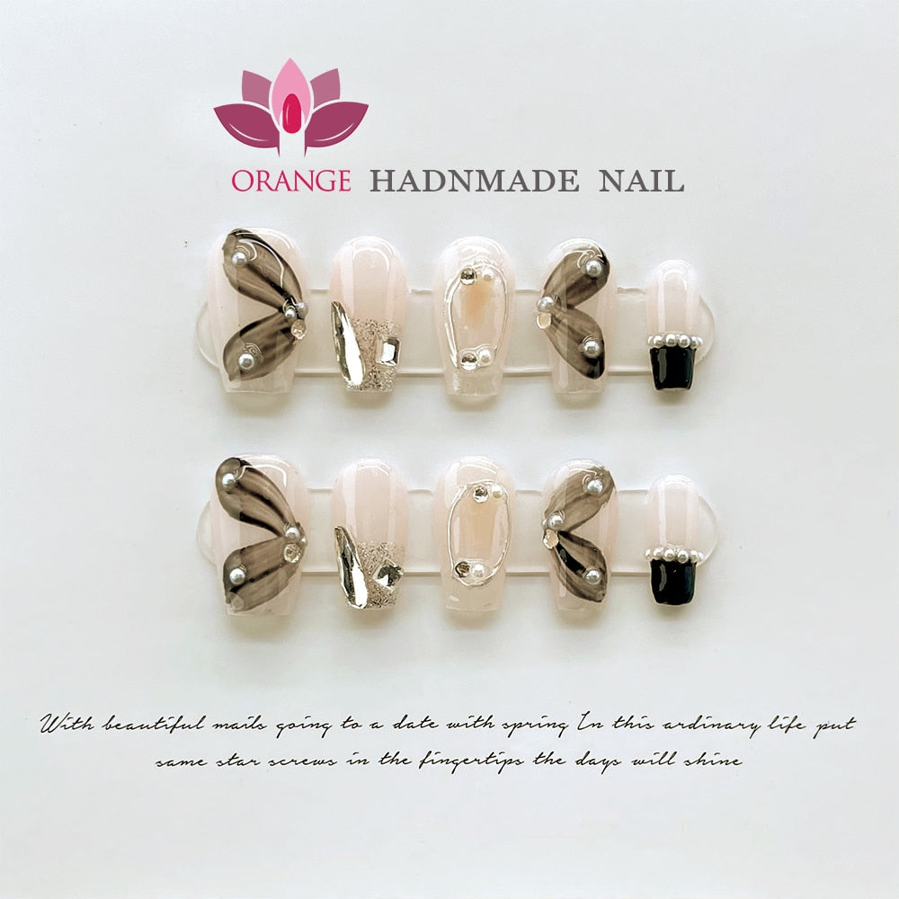 Black Fake Press on Nails Full Cover Ballerina Korean Handmade Manicuree Heart Decoration Nail Art Wearable Artificial Nail Tips