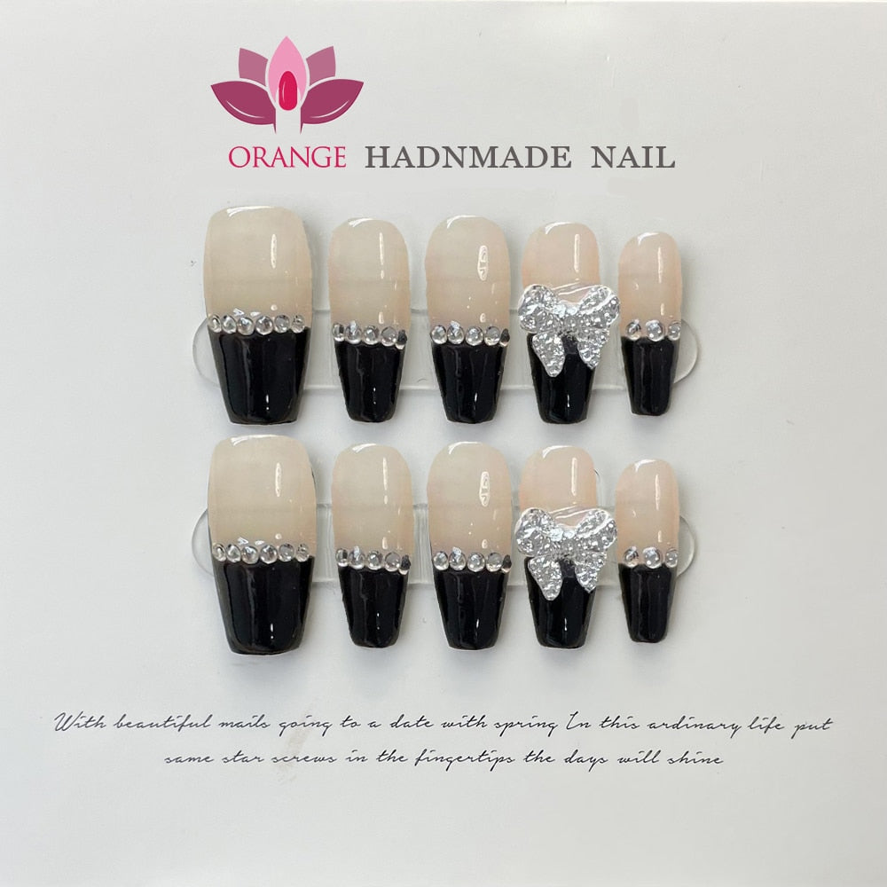 Black Fake Press on Nails Full Cover Ballerina Korean Handmade Manicuree Heart Decoration Nail Art Wearable Artificial Nail Tips