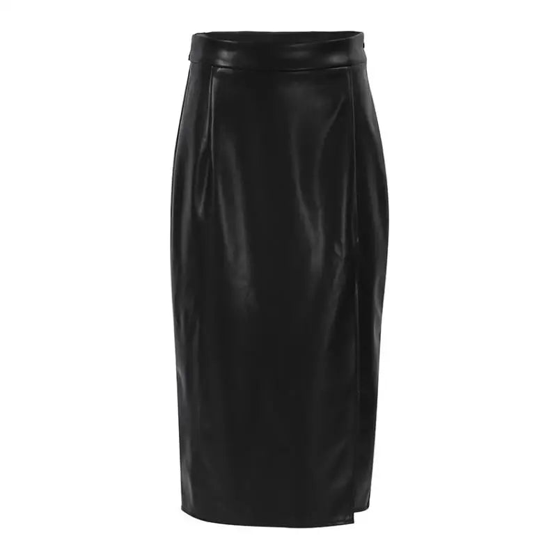 Black Faux Leather Side Split Skirt For Women Office Elegant Bodycon Women's PU Skirt With Side Slit Sexy Skirts