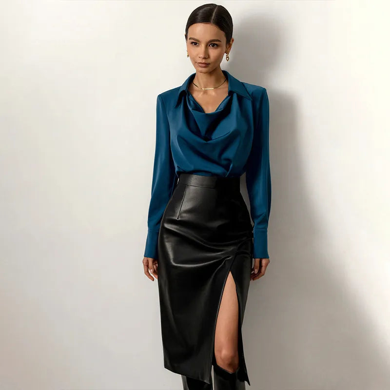 Black Faux Leather Side Split Skirt For Women Office Elegant Bodycon Women's PU Skirt With Side Slit Sexy Skirts