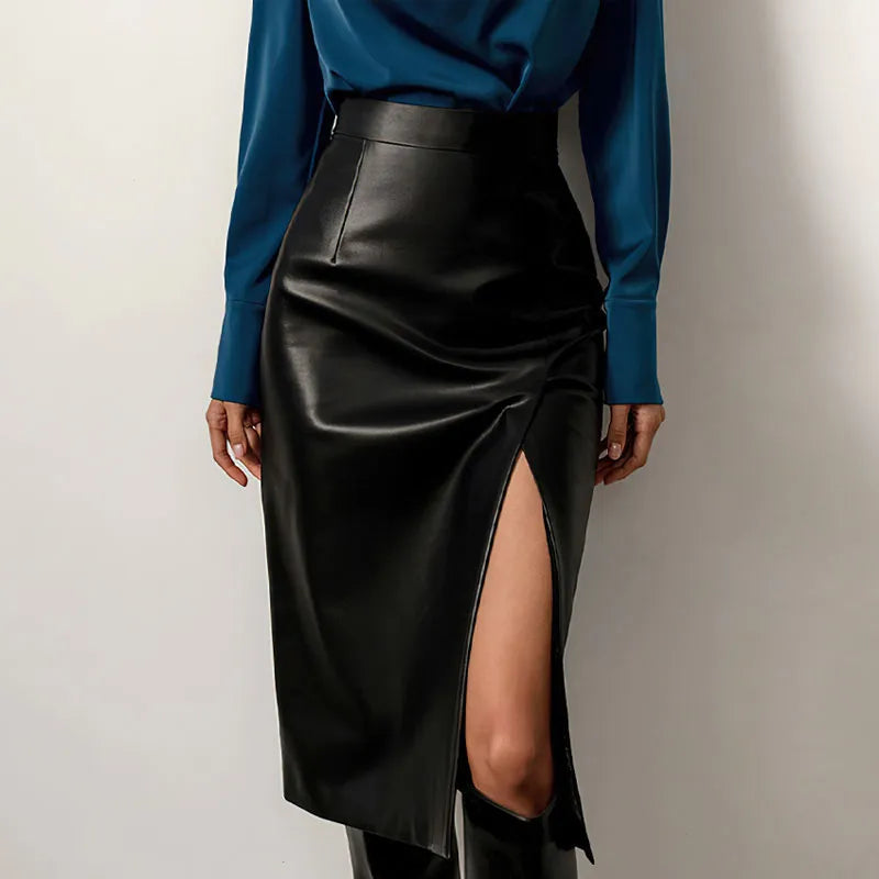 Black Faux Leather Side Split Skirt For Women Office Elegant Bodycon Women's PU Skirt With Side Slit Sexy Skirts AMAIO