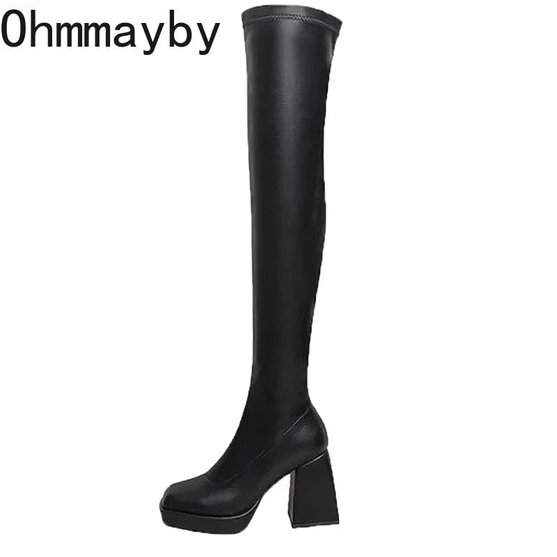 Black Long Boots For Women Fashion Zippers Square High Heel Over the Knee High Boots Winter Shoes Ladies Elegant Mordern Booties