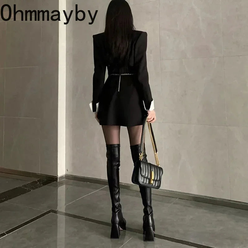 Black Long Boots For Women Fashion Zippers Square High Heel Over the Knee High Boots Winter Shoes Ladies Elegant Mordern Booties