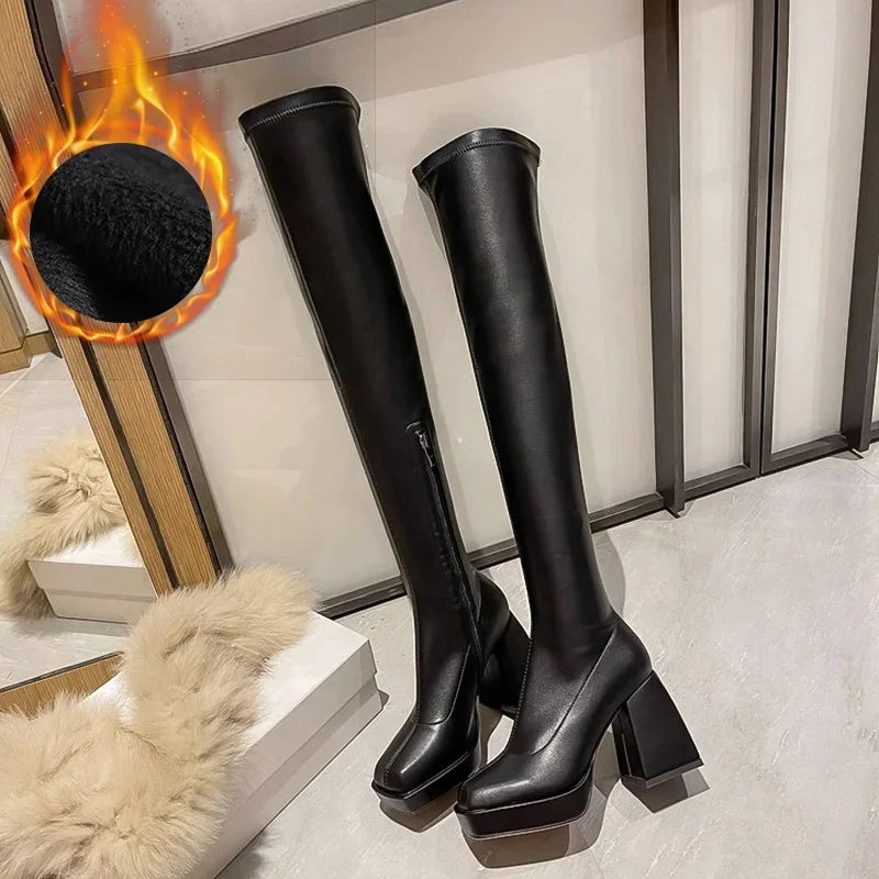 Black Long Boots For Women Fashion Zippers Square High Heel Over the Knee High Boots Winter Shoes Ladies Elegant Mordern Booties Black fur