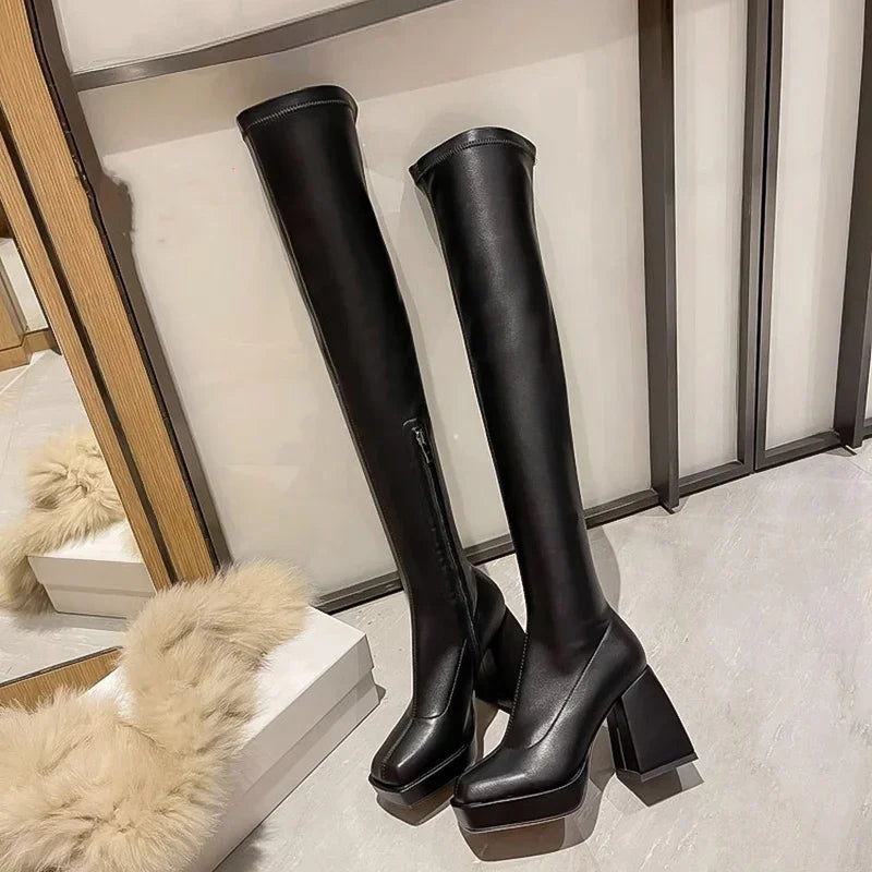 Black Long Boots For Women Fashion Zippers Square High Heel Over the Knee High Boots Winter Shoes Ladies Elegant Mordern Booties Black
