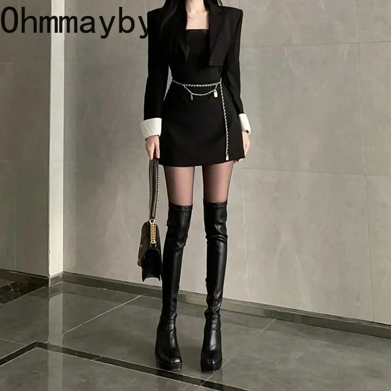 Black Long Boots For Women Fashion Zippers Square High Heel Over the Knee High Boots Winter Shoes Ladies Elegant Mordern Booties