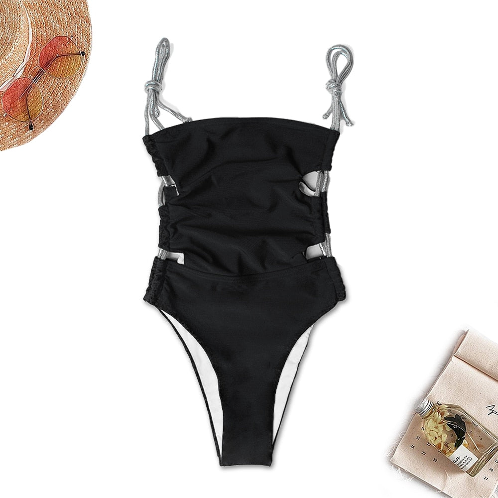 Black Monokini - One Piece Swimsuit Drawstring Bandage Swimwear Sexy Hollow Out Bikini