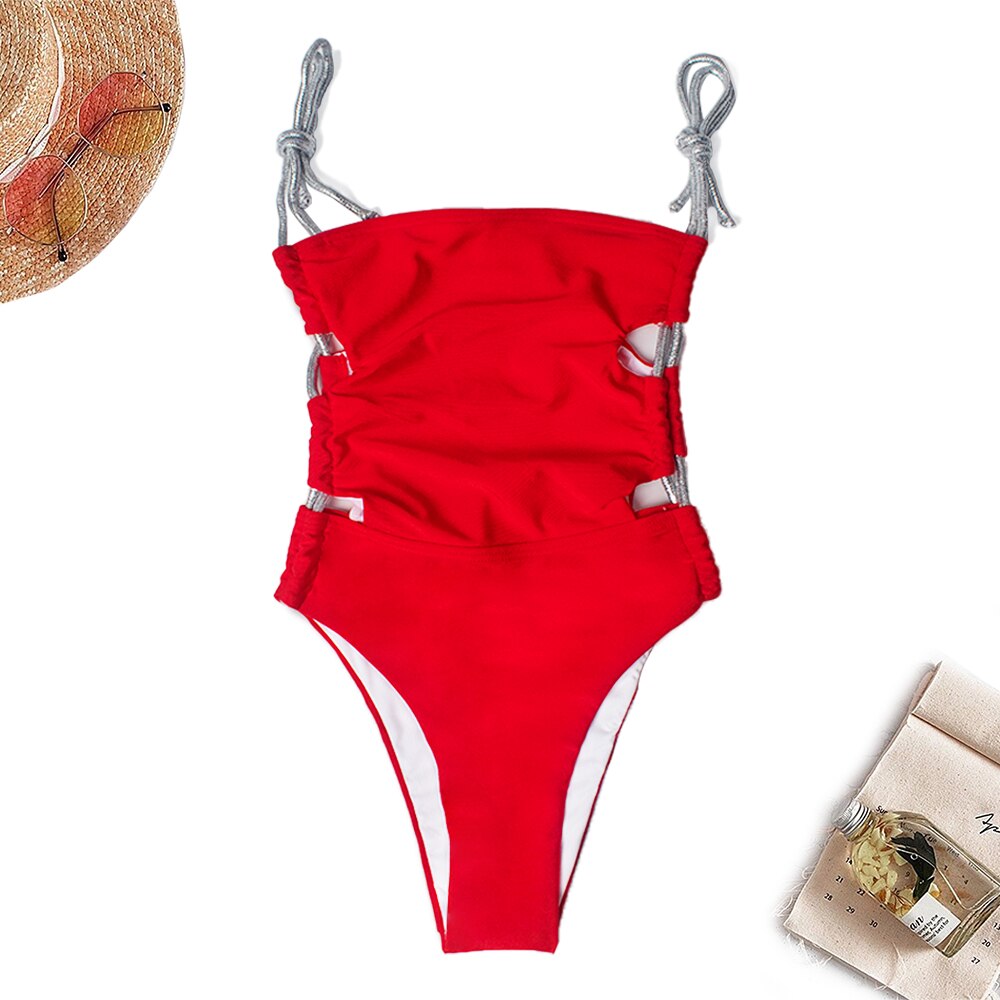 Black Monokini - One Piece Swimsuit Drawstring Bandage Swimwear Sexy Hollow Out Bikini