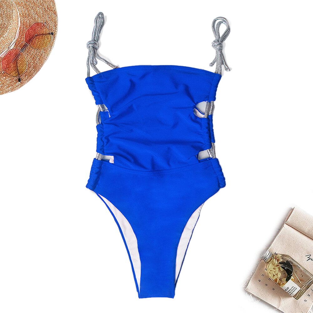 Black Monokini - One Piece Swimsuit Drawstring Bandage Swimwear Sexy Hollow Out Bikini