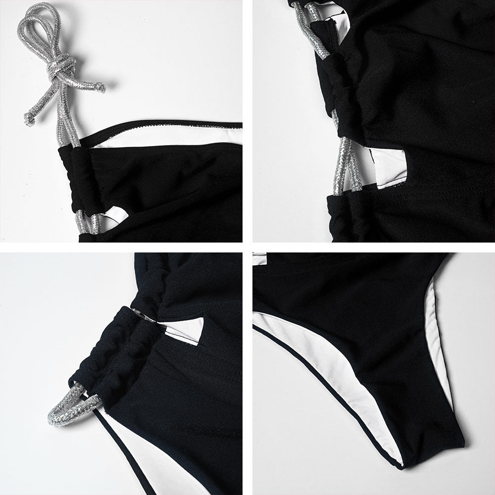 Black Monokini - One Piece Swimsuit Drawstring Bandage Swimwear Sexy Hollow Out Bikini