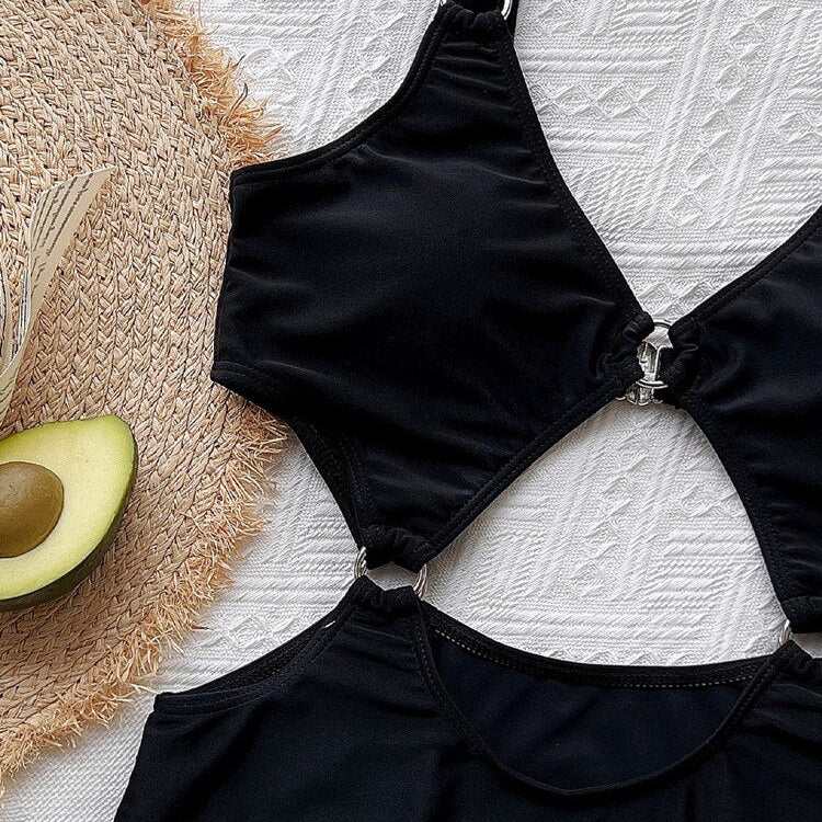 Black Strapped Swimwear - Ring Hollow One Piece Swimsuit Monokini Push UP Bathing Beach Swim Wear