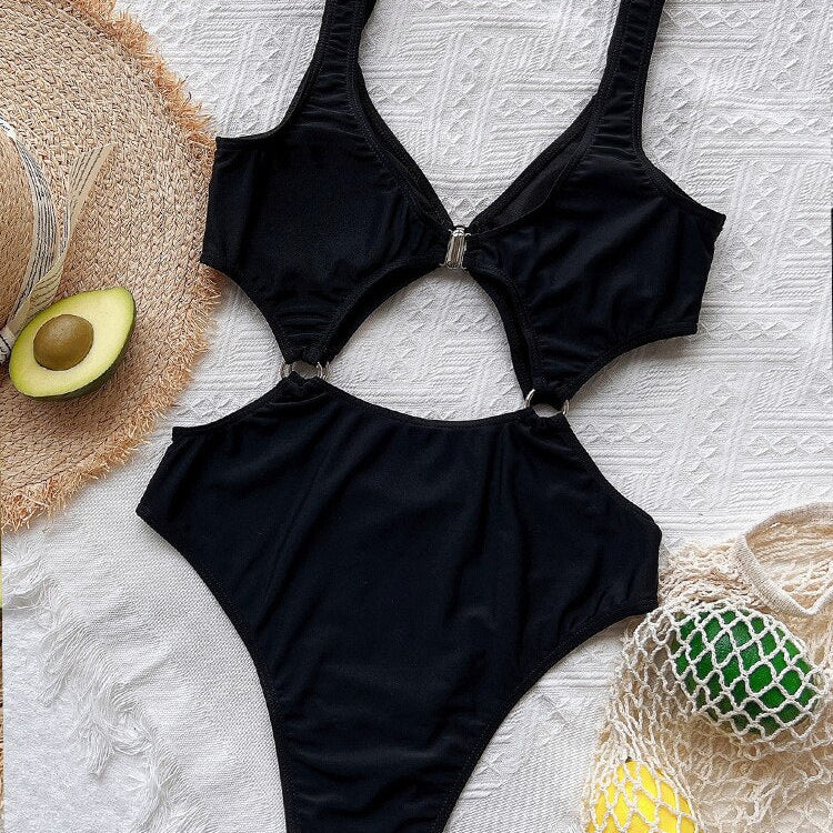 Black Strapped Swimwear - Ring Hollow One Piece Swimsuit Monokini Push UP Bathing Beach Swim Wear