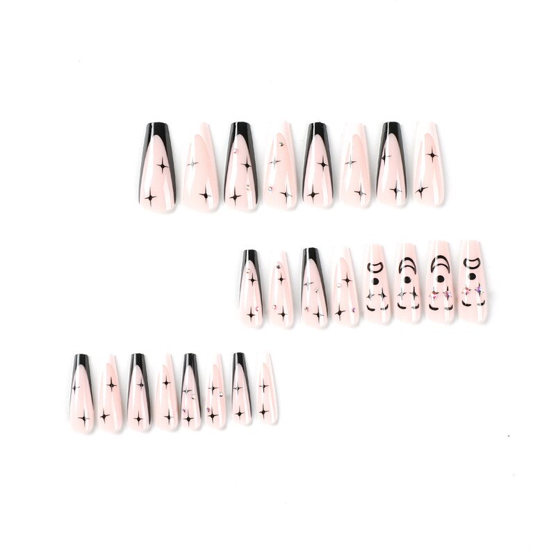 Black White French Stars Rhinestone Wearable Long Ballet Fake Nails Full Cover Finished False Nails Press on Nails with Glue