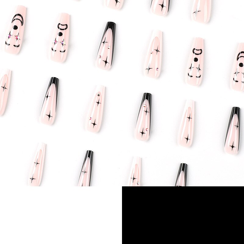 Black White French Stars Rhinestone Wearable Long Ballet Fake Nails Full Cover Finished False Nails Press on Nails with Glue