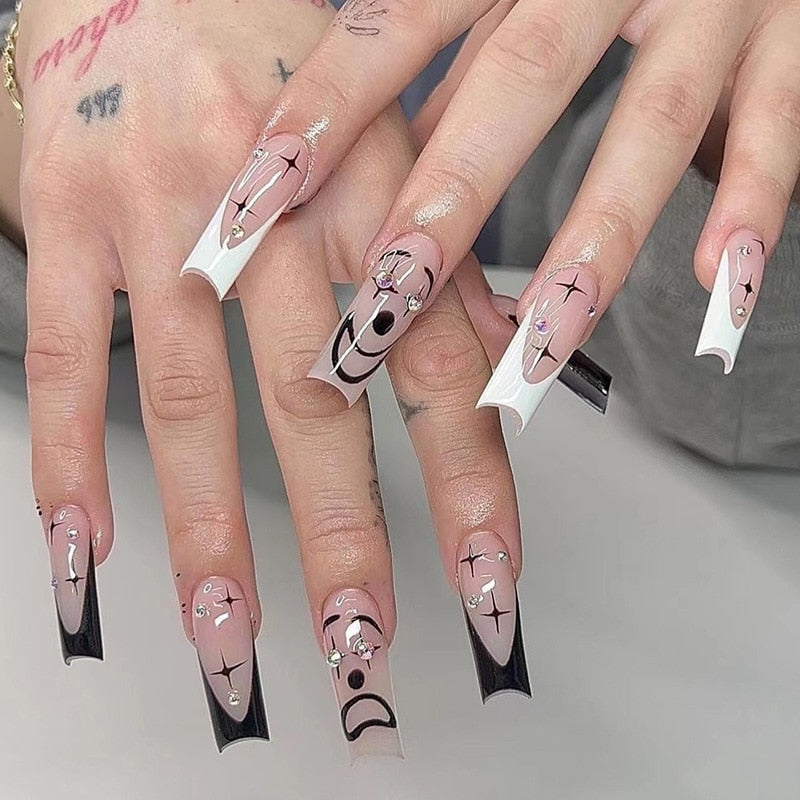Black White French Stars Rhinestone Wearable Long Ballet Fake Nails Full Cover Finished False Nails Press on Nails with Glue MT1249JP2390
