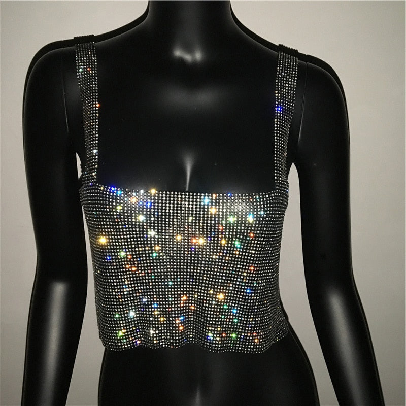 Black White Gold Summer Women Rhinestone Tank Top Sexy Girl Nightclub Trend Sling Shiny Diamond Bikini Crop Top Black-23CM One Size