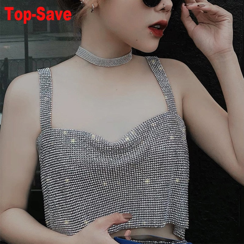 Black White Gold Summer Women Rhinestone Tank Top Sexy Girl Nightclub Trend Sling Shiny Diamond Bikini Crop Top One Size