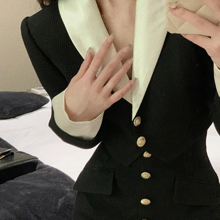 Black Y2k Mini Skirt Set Women Casual Korean 2 Piece Dress Set Crop Tops Jacket Tops + Short Skirts Elegant Suit Autumn New