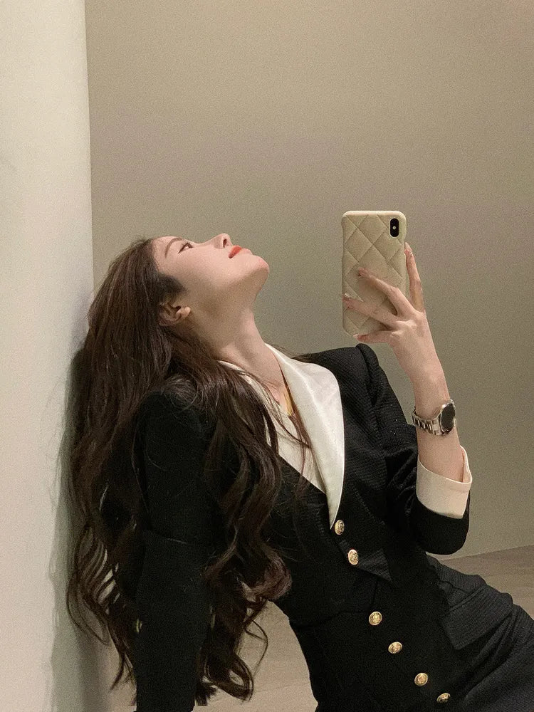 Black Y2k Mini Skirt Set Women Casual Korean 2 Piece Dress Set Crop Tops Jacket Tops + Short Skirts Elegant Suit Autumn New