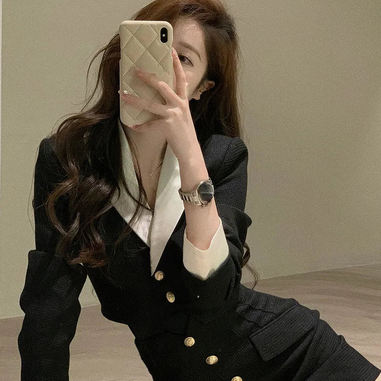 Black Y2k Mini Skirt Set Women Casual Korean 2 Piece Dress Set Crop Tops Jacket Tops + Short Skirts Elegant Suit Autumn New