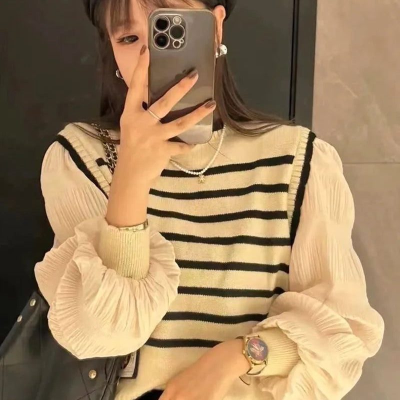 Black and white striped fake two-piece knitted sweater women spring and autumn Korean soft glutinous pullover sweater female