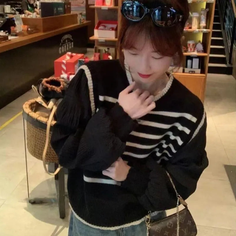 Black and white striped fake two-piece knitted sweater women spring and autumn Korean soft glutinous pullover sweater female