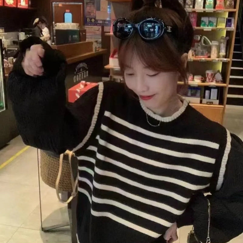 Black and white striped fake two-piece knitted sweater women spring and autumn Korean soft glutinous pullover sweater female
