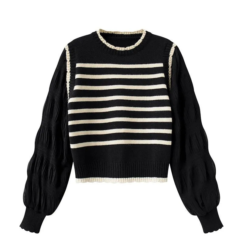 Black and white striped fake two-piece knitted sweater women spring and autumn Korean soft glutinous pullover sweater female black One Size