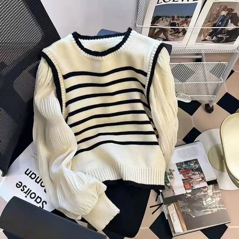 Black and white striped fake two-piece knitted sweater women spring and autumn Korean soft glutinous pullover sweater female AMAIO