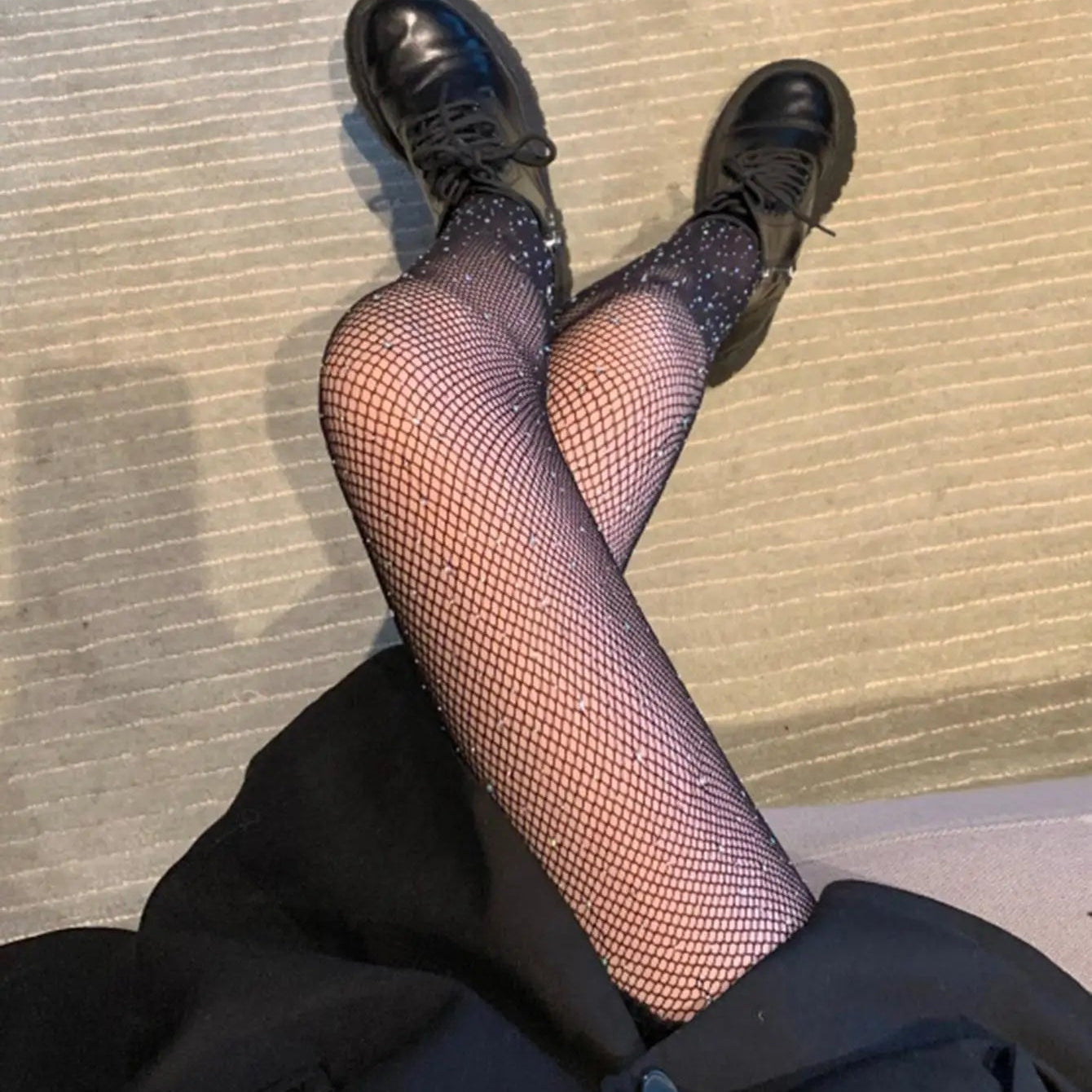 Black stockings with diamonds Women's thin insets trendy and sexy hollow out fishing net stockings Spring hot diamond sparkling