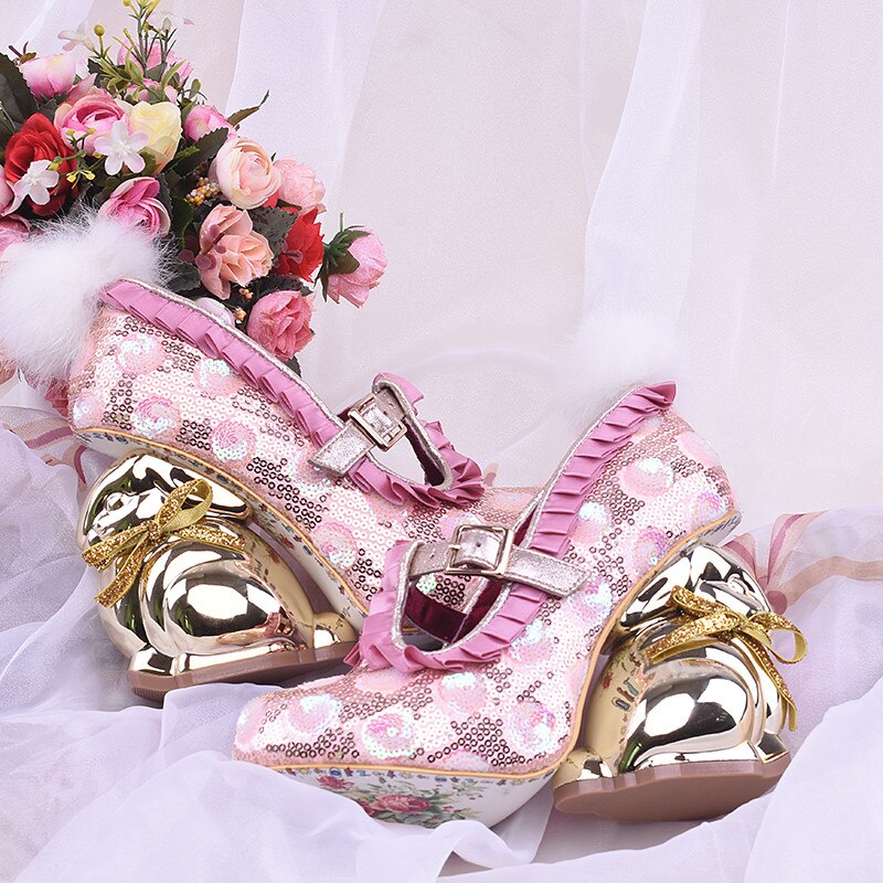 Bling Sequins Wedding Shoes Studded Belt Pompoms Pink Glitter Round Toe Novelty Metal Rabby Heel Pumps Women