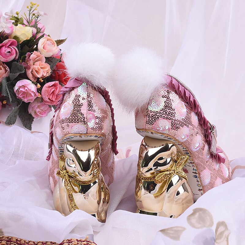 Bling Sequins Wedding Shoes Studded Belt Pompoms Pink Glitter Round Toe Novelty Metal Rabby Heel Pumps Women