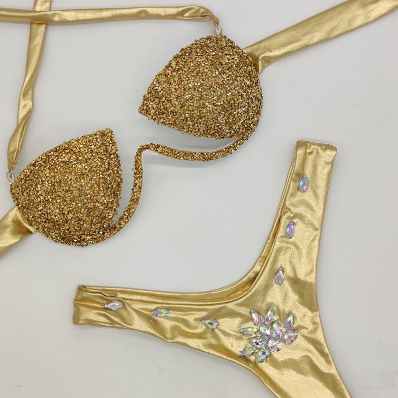 Bling stones bikini set new swimwear sexy diamond rhinestone bathing suit beachwear hot selling swimsuit Gold